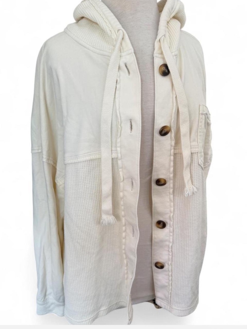 American Eagle Cream Waffle Knit Button-Front Hooded Shacket L/XL